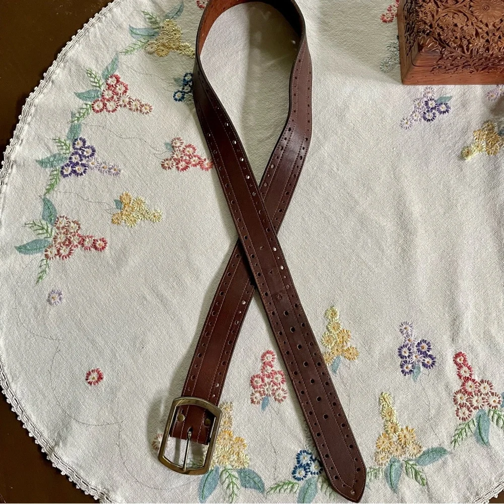 Vintage Leather Perforated Belt with Burnished Brass Buckle. Brown. Large 42-44